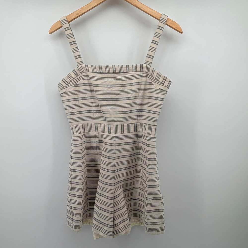 Anthropology Paper Crown Romper Womens S Cream Navy Striped Linen Blend Nautical